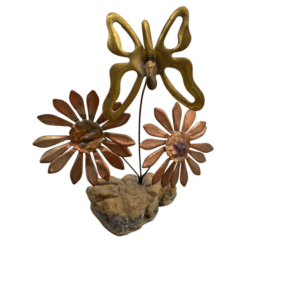 Vintage Tabletop Sculpture Brass Butterfly Copper Toned Metal Daisies Rock Base